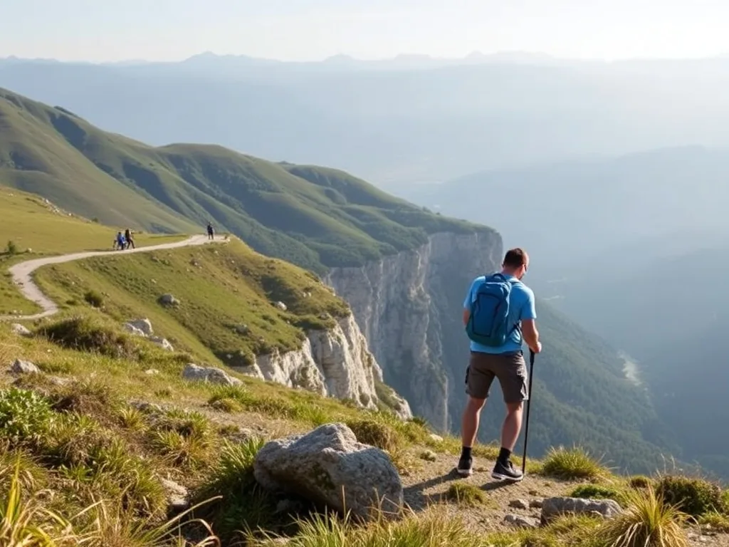 Randonneurs sur un sentier en balcon dans le Vercors drômois au printemps, avec vue sur la vallée en contrebas
