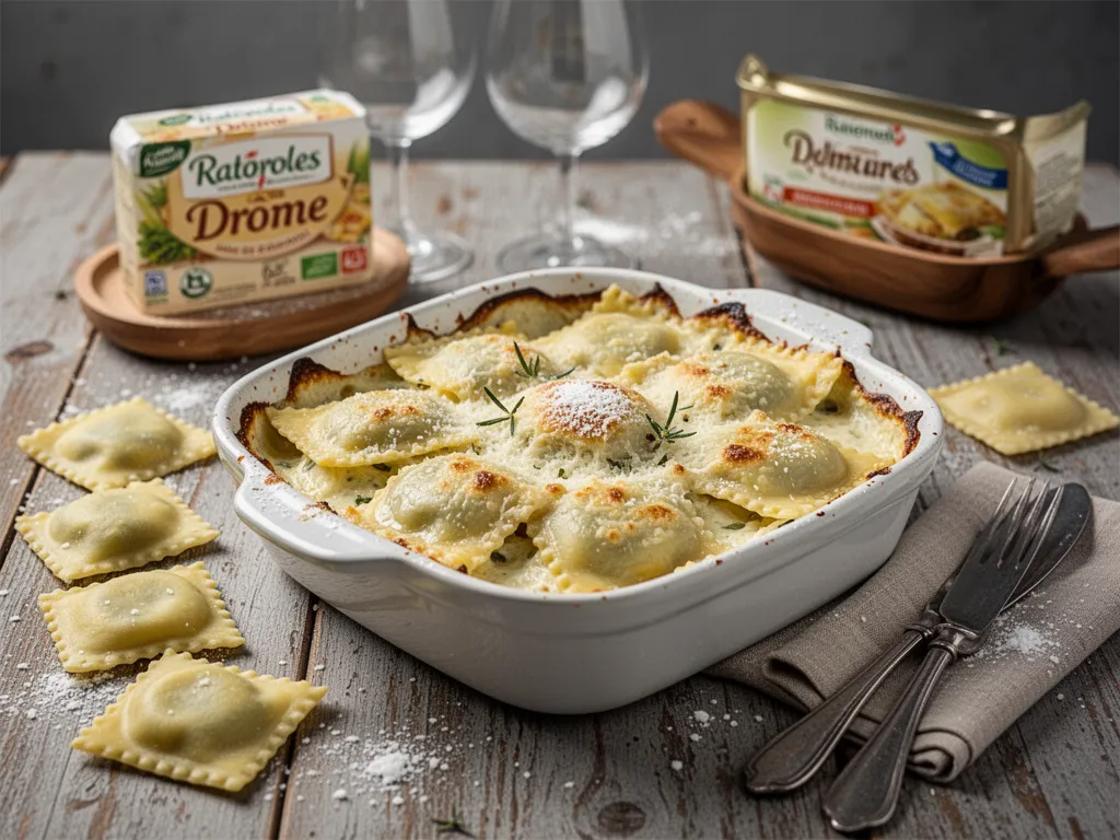 Gratin de ravioles doré à la sortie du four, plat en céramique posé sur une table en bois