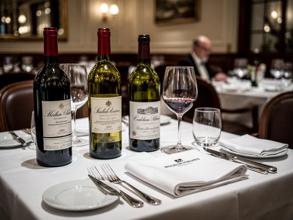 Table dressée dans un restaurant gastronomique provençal, verres à vin alignés et bouteille locale
