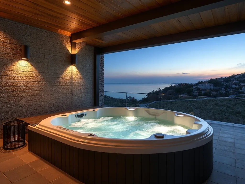 Jacuzzi privatif installé sur la terrasse d'un gîte, vue sur la Côte d'Opale