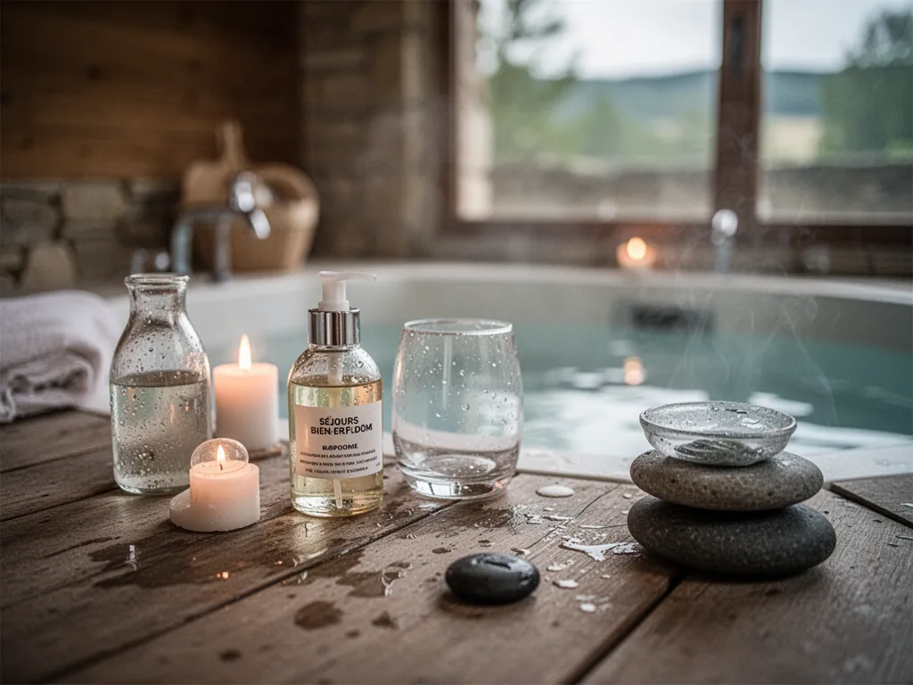 Terrasse en bois face aux collines de la Drôme avec bain chaud extérieur et chaises longues au soleil