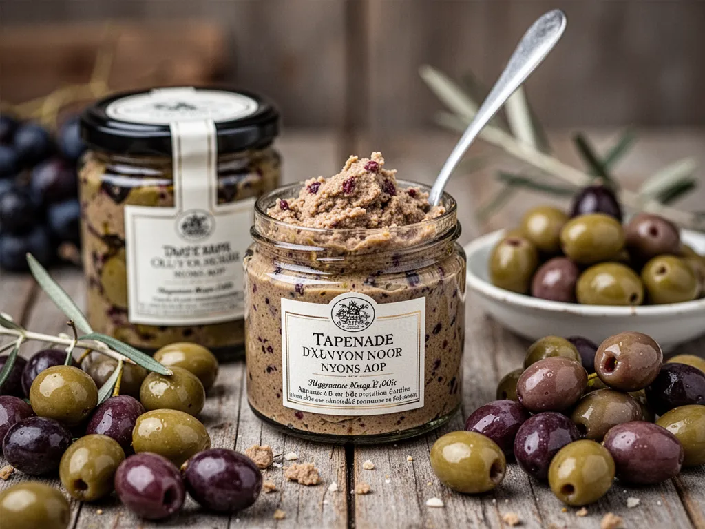 Pot de tapenade d'olives noires de Nyons AOP posé sur une planche en bois, à côté de quelques olives et d'un filet d'huile.