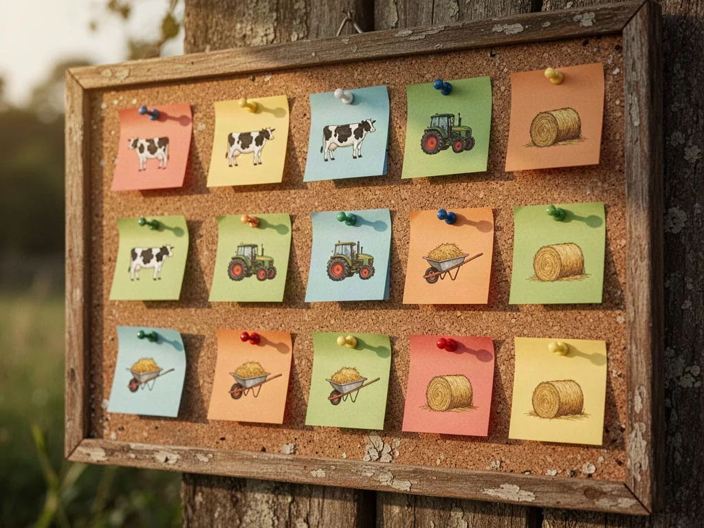 A weathered corkboard with colored index cards pinned in orderly rows, each card decorated with a tiny icon of a cow, tr