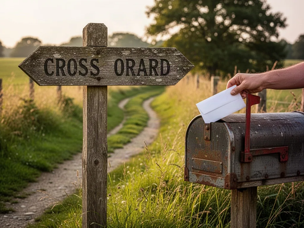 A sunlit country crossroads with a weathered wooden signpost, one arrow pointing toward a narrow grassy path, a hand sli