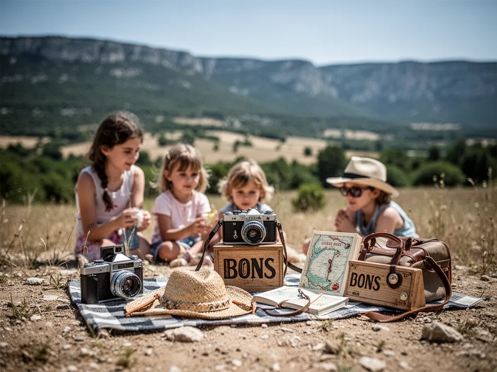 Famille en balade sur un sentier facile de la Drôme avec collines sèches, pins et village perché au loin