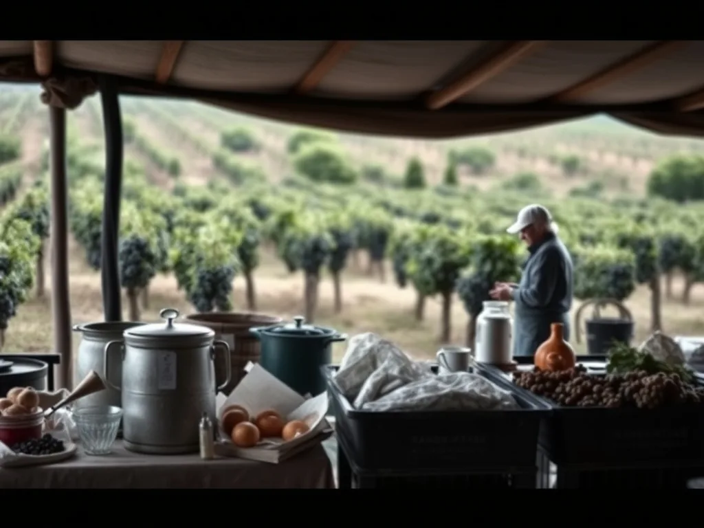 Vendangeurs sur les pentes escarpées de l'Hermitage, paniers de raisin syrah à la main, avec la vallée du Rhône en arrière-plan