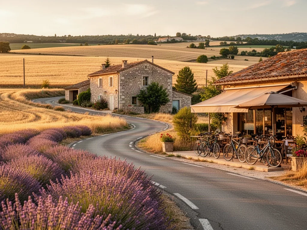 A winding road through golden lavender fields in the Drôme countryside, a stone farmhouse, a roadside café with bicycles