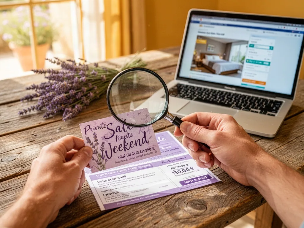 A hand holding a magnifying glass over a printed private sale weekend voucher on a rustic wooden table, a laptop showing