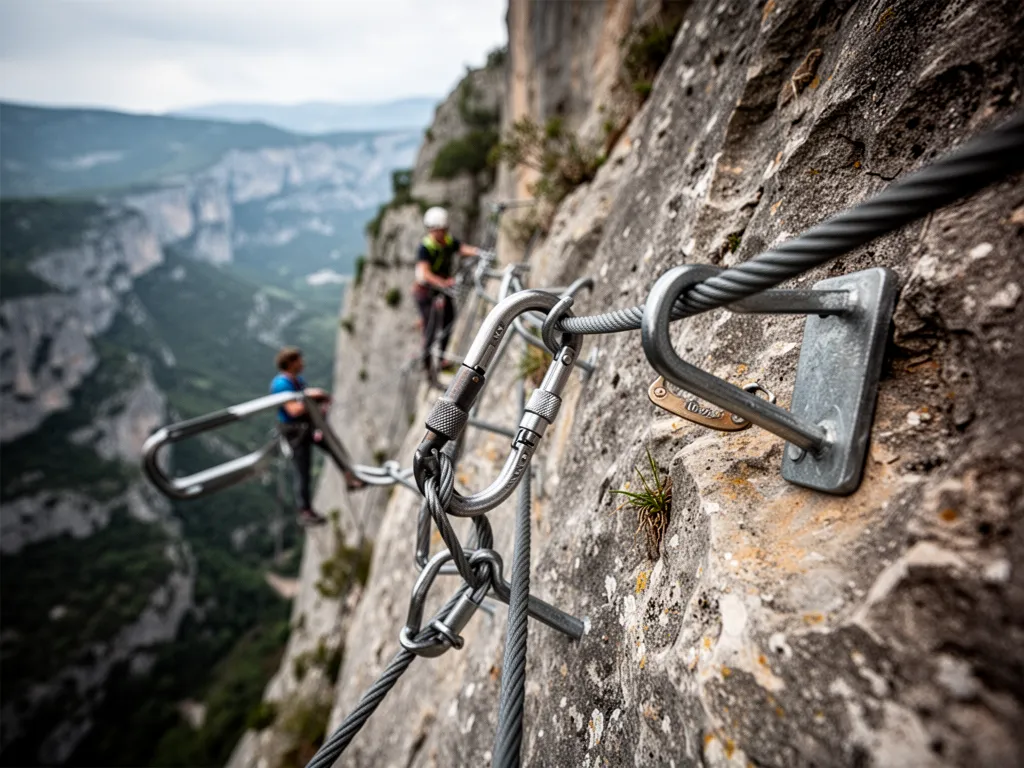 Grimpeur sur une via ferrata face aux falaises calcaires du Vercors drômois, ciel dégagé