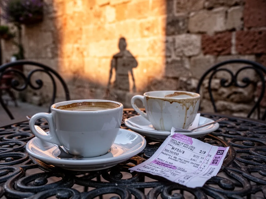 Two coffee cups on a wrought-iron café table, one half-empty, a crumpled parking ticket beside it, a blurred silhouette
