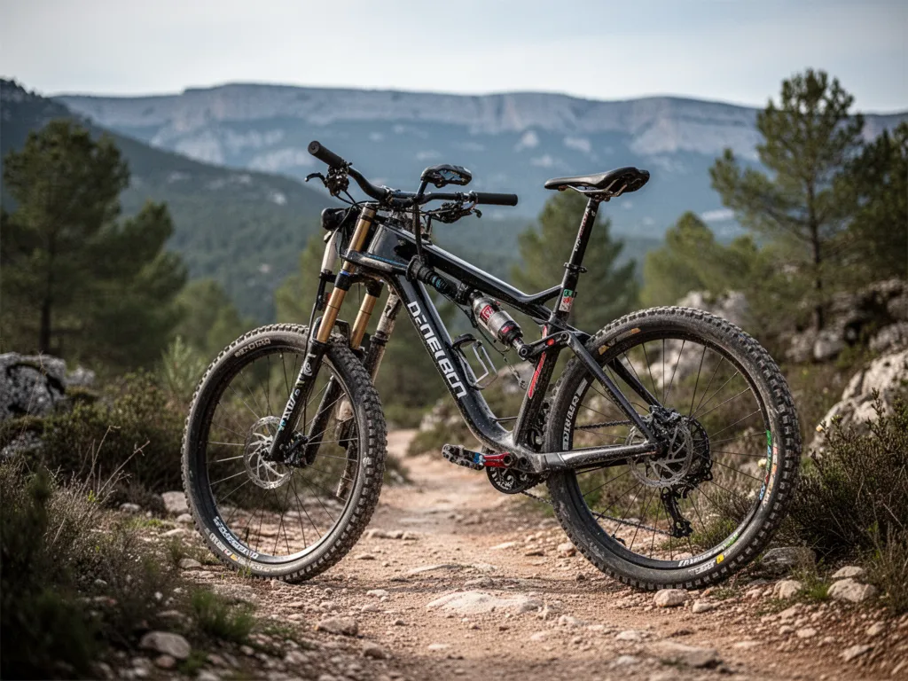 Vététiste sur un single track en Drôme provençale avec vue sur les collines de lavande et un village perché en arrière-plan